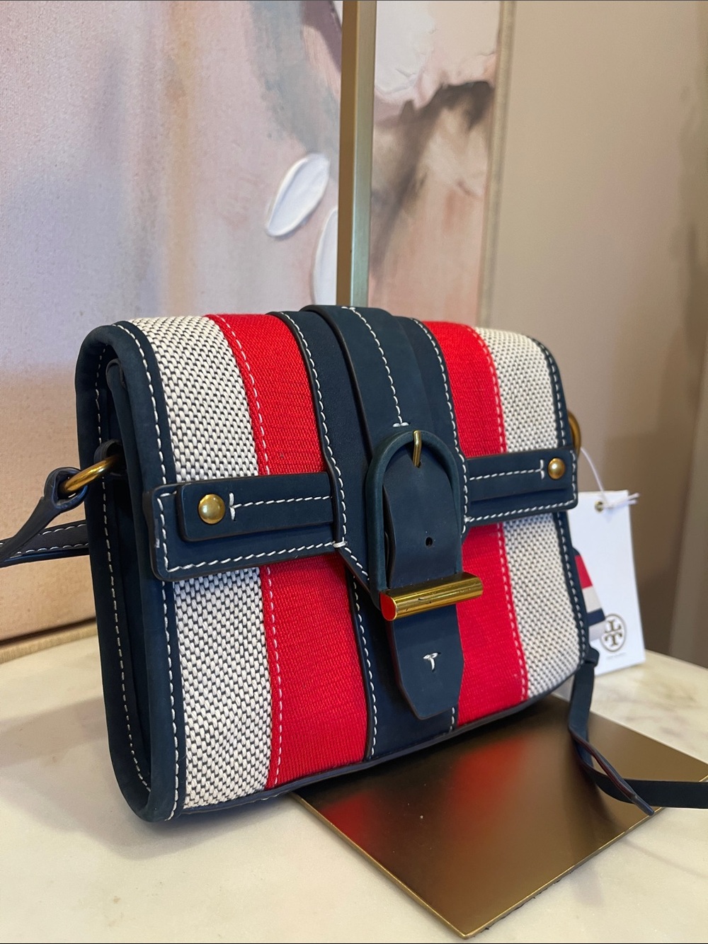 NWT Tory Burch Navy, Red and Cream Striped Crossbody Bag - Picture 3 of 6